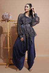 Navy Waterfall Shirt with Drape Pants-Indo Western-Pallavi Jaipur