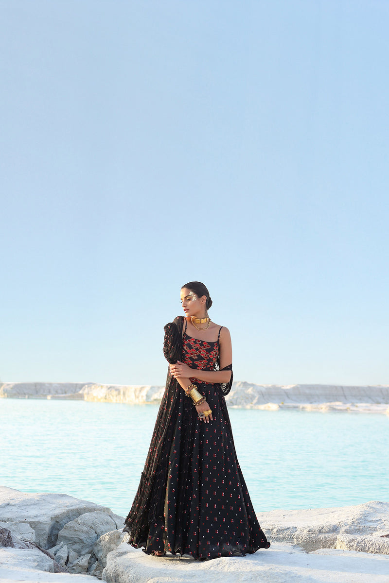 Ameera Mosaic Crop & Skirt With Cascade Sleeves Sheer Overlay Set