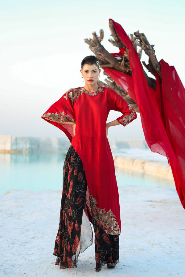 Ameera Love Red Kimono Sleeve Tunic With Overlay Pants