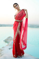 Ameera Rasp-Red Fusion Saree With Sitara Corset Set