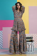 Multi Colored Printed Embellished Tunic With Pants & Belt-Indo Western-Pallavi Jaipur