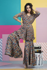 Multi Colored Printed Embellished Tunic With Pants & Belt-Indo Western-Pallavi Jaipur