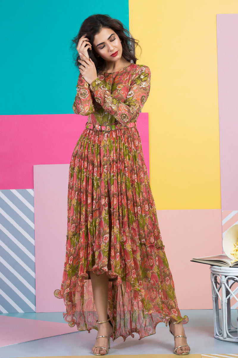 Midi Dress with Belt-Indo Western-Pallavi Jaipur