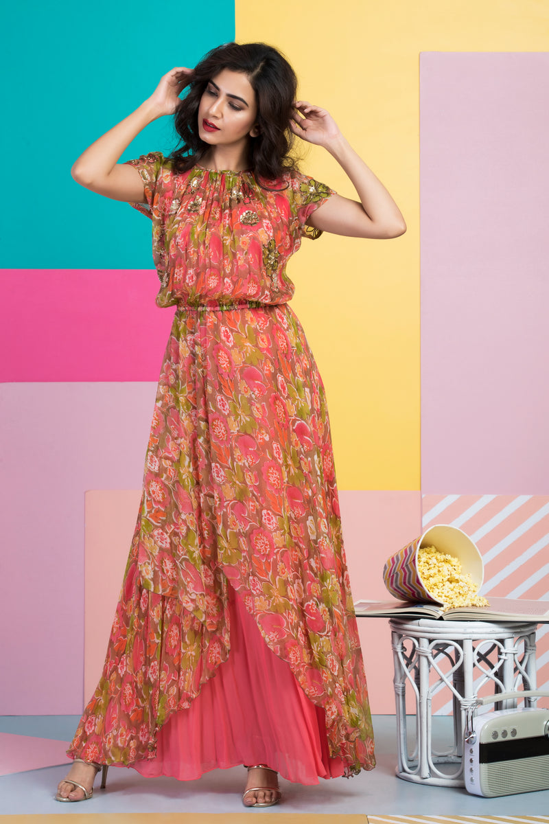 Peach Printed Maxi Dress-Indo Western-Pallavi Jaipur