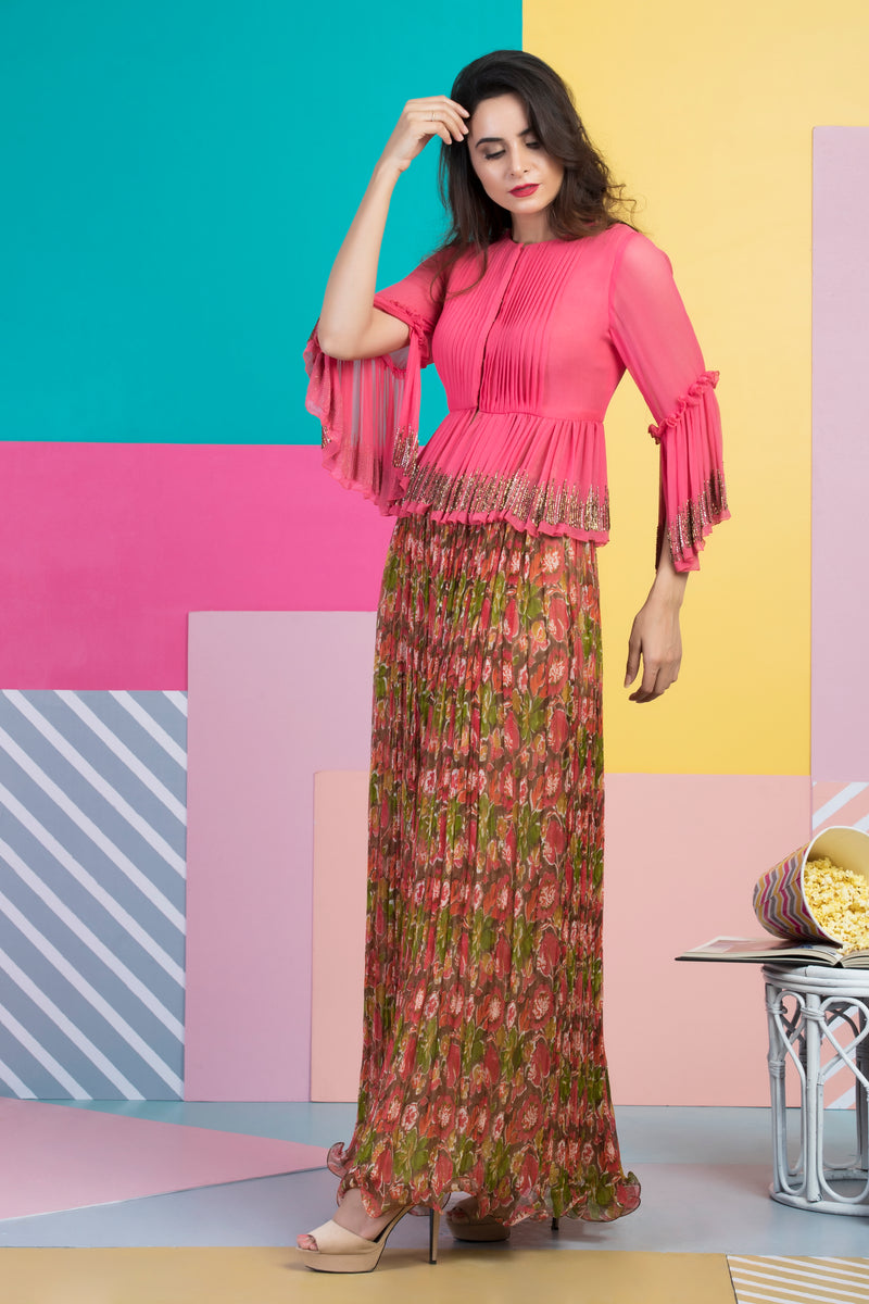 Candy Pink Top with Chiffon Skirt-Indo Western-Pallavi Jaipur