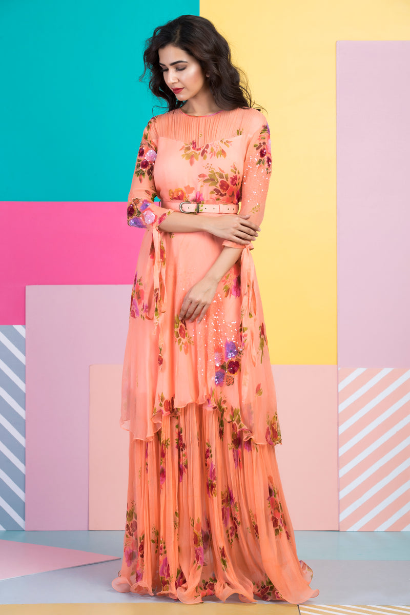 Peach Printed Layered Maxi Dress-Indo Western-Pallavi Jaipur