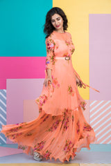 Peach Printed Layered Maxi Dress-Indo Western-Pallavi Jaipur