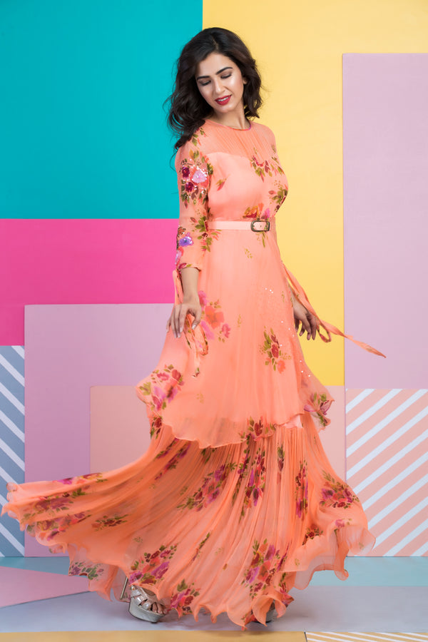 Peach Printed Layered Maxi Dress-Indo Western-Pallavi Jaipur