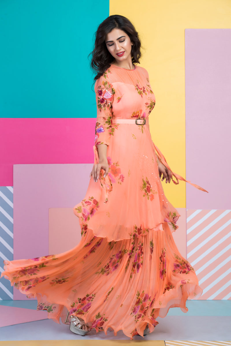 Peach Printed Layered Maxi Dress-Indo Western-Pallavi Jaipur