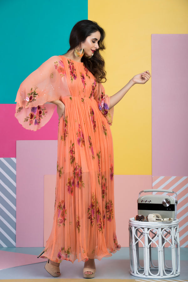 Peach Printed Kimono Maxi Dress-Indo Western-Pallavi Jaipur