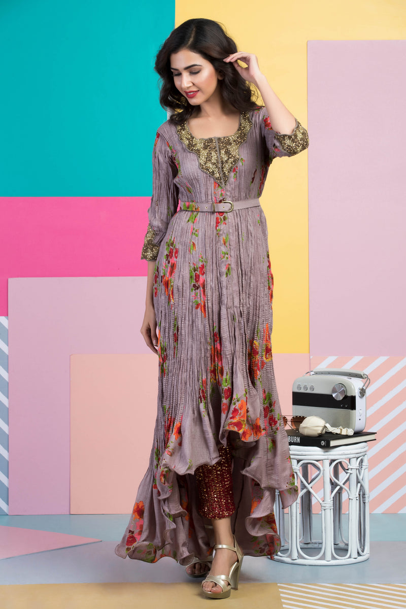 Grey Embroidered Printed Kurta With Pants & Belt-Indian wear-Pallavi Jaipur