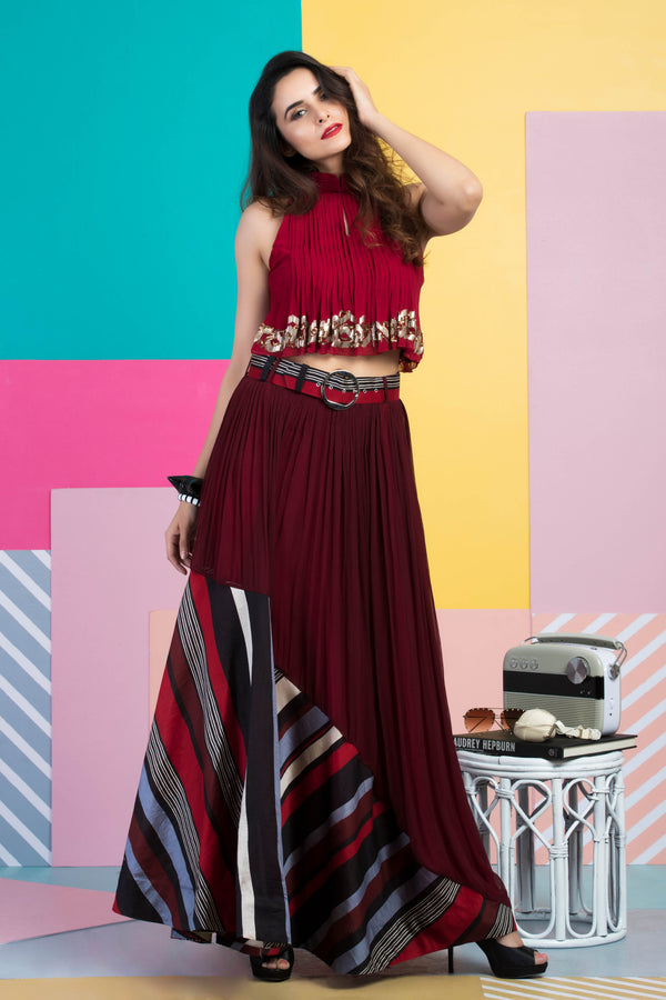 Red Halter Top with Skirt-Indo Western-Pallavi Jaipur