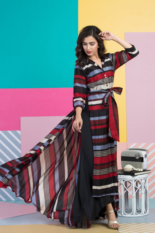 Striped Long Jacket with Black Culottes-Indo Western-Pallavi Jaipur