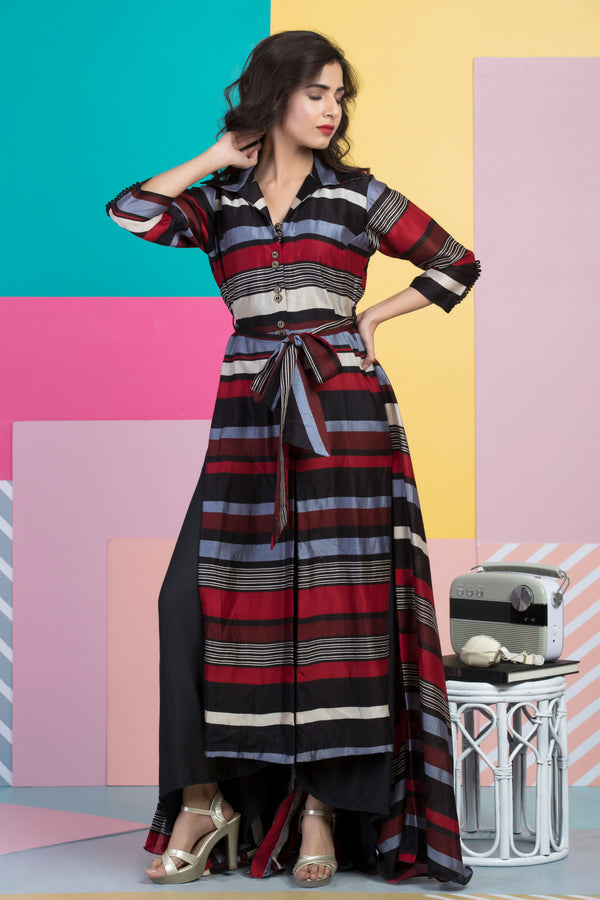 Striped Long Jacket with Black Culottes-Indo Western-Pallavi Jaipur