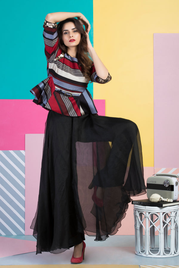 Red Black Striped Peplum Top With Pants-Indo Western-Pallavi Jaipur