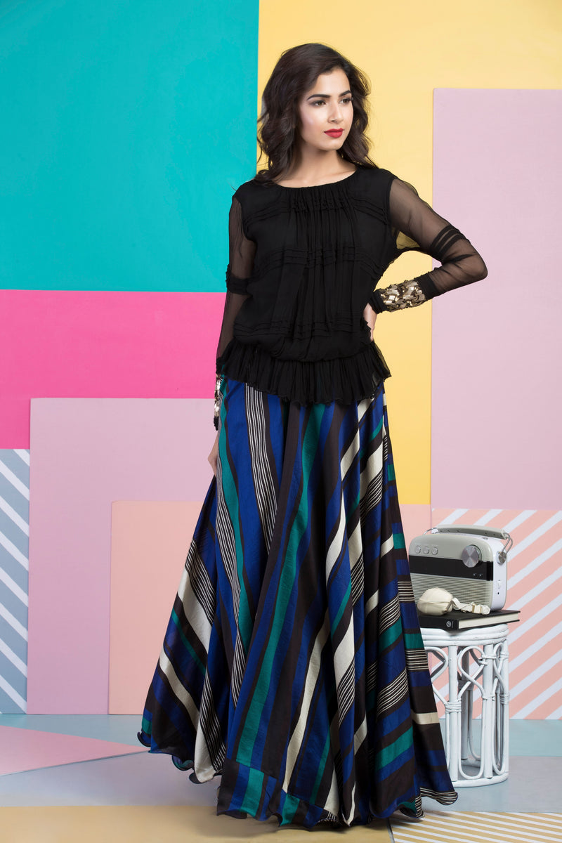 Black Embroidered Top With Printed Skirt-Indo Western-Pallavi Jaipur