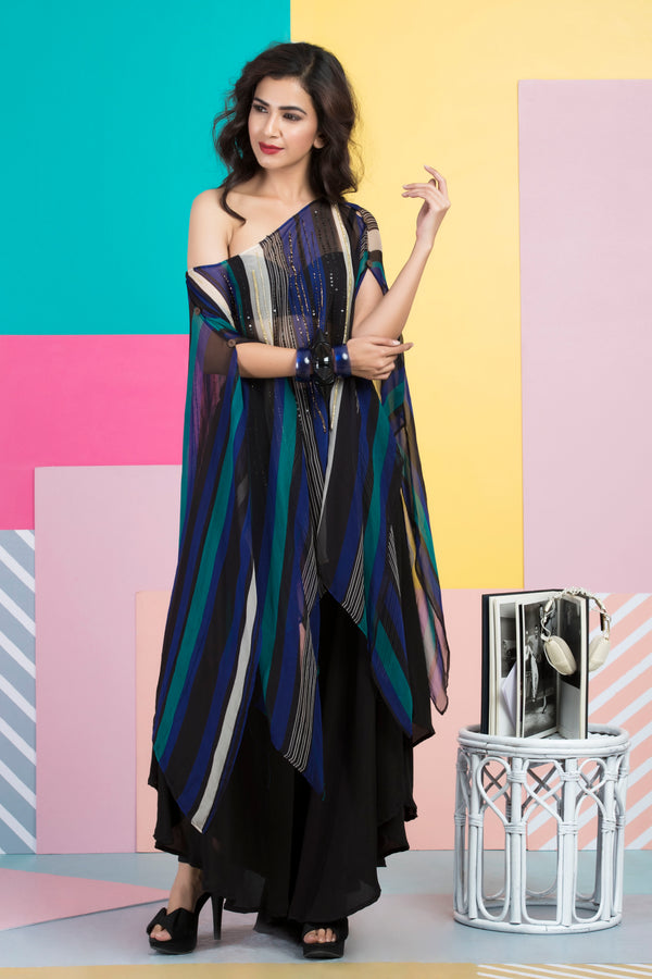 Peacock Blue & Black Printed Cape-Indo Western-Pallavi Jaipur