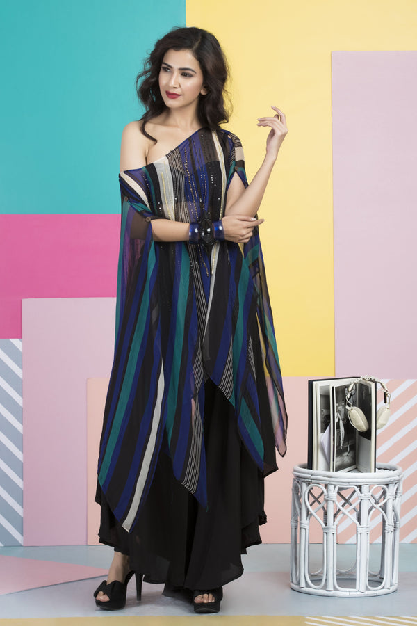 Trishala Sikka in Peacock Blue & Black Printed Cape-Indo Western-Pallavi Jaipur