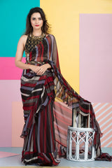 Red Black Printed Saree with Embroidered Blouse-Indian wear-Pallavi Jaipur