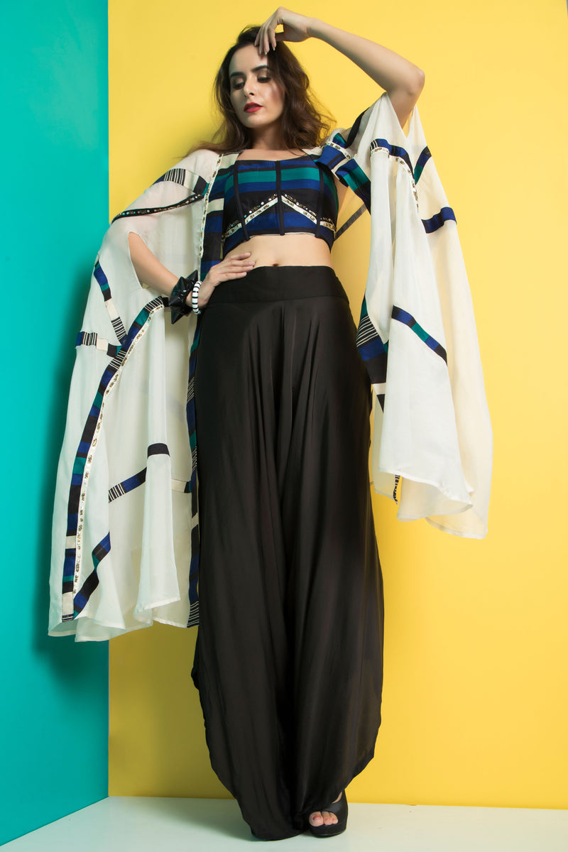 Ivory Peacock Cape with Gaucho Pants-Indo Western-Pallavi Jaipur