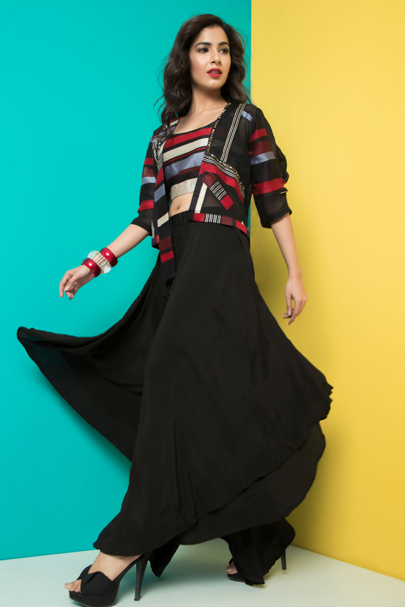 Red & Black Printed Jacket With Crop Top & Pants-Indo Western-Pallavi Jaipur