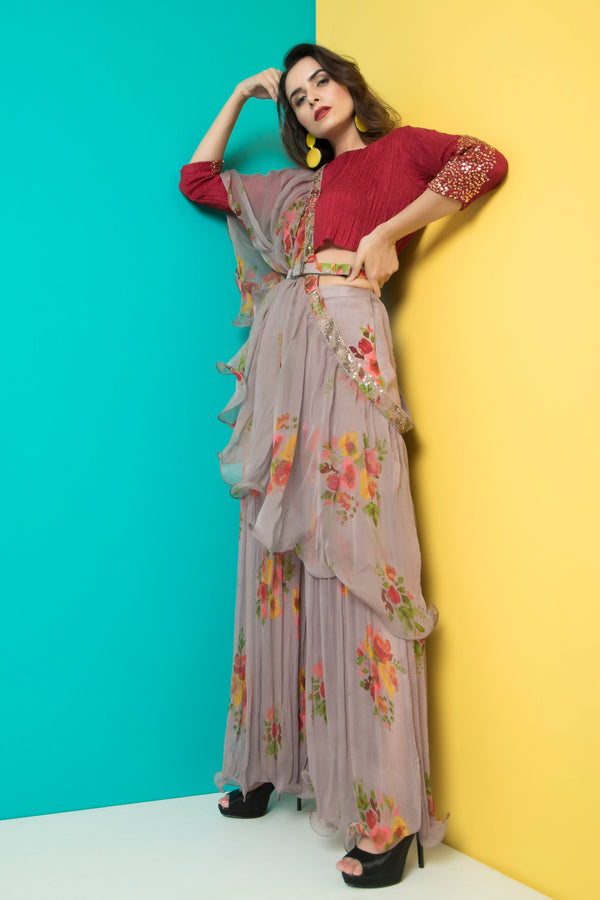 Grey Sharara with Maroon Crop Top-Indo Western-Pallavi Jaipur