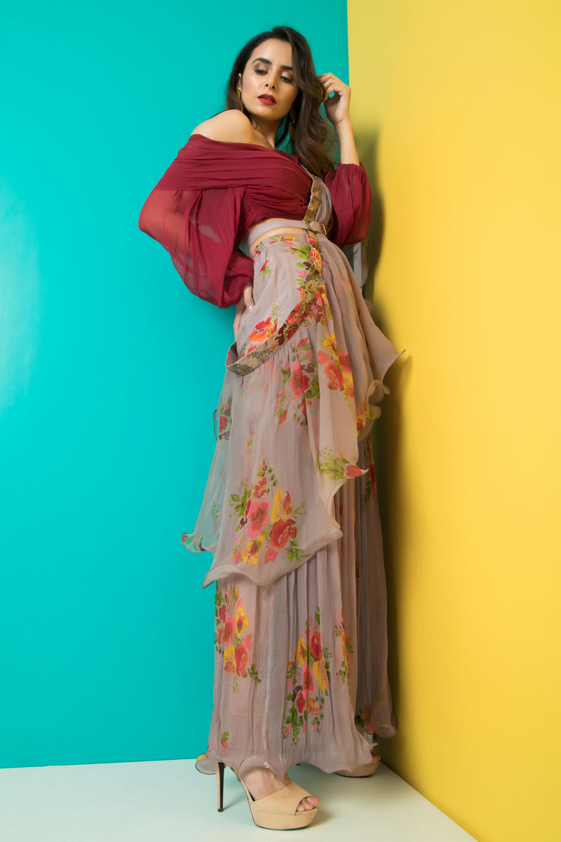 Grey Sharara with Maroon Pleated Crop Top-Indo Western-Pallavi Jaipur