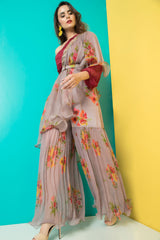 Grey Sharara with Maroon Pleated Crop Top-Indo Western-Pallavi Jaipur