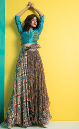 Teal Crop Top with Panel Skirt-Indo Western-Pallavi Jaipur