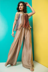 Brown Glass Sleeve Top with Fold Pants-Indo Western-Pallavi Jaipur