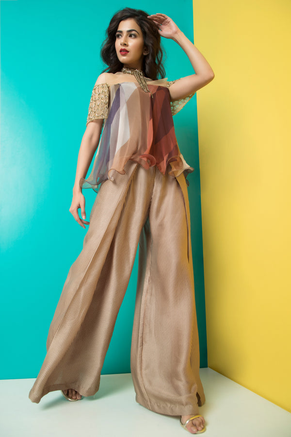 Brown Glass Sleeve Top with Fold Pants-Indo Western-Pallavi Jaipur