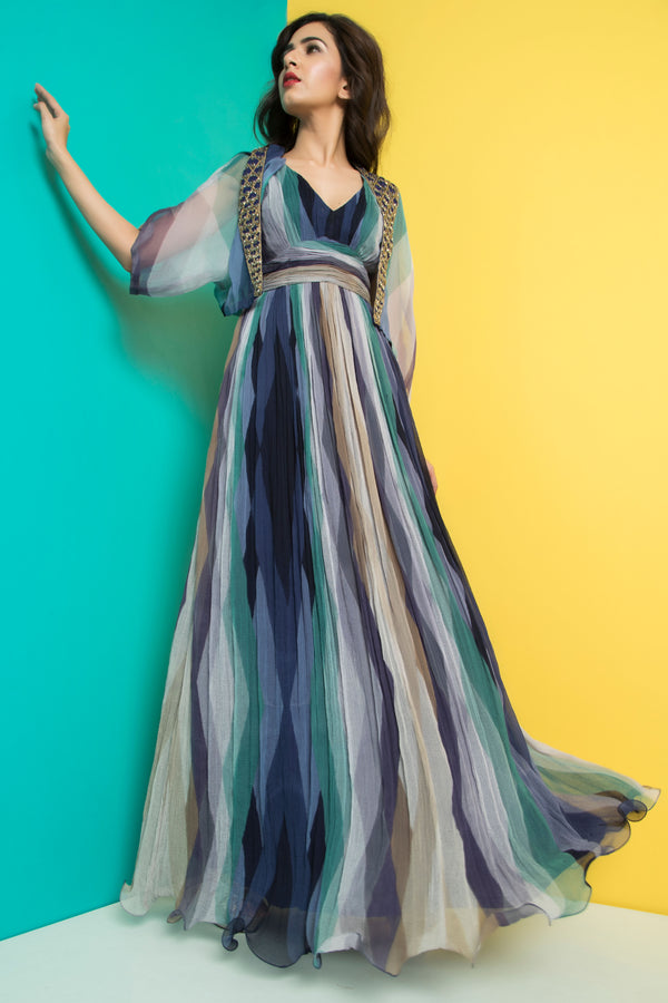 Navy jade Long Dress with Embroidered Cape-Western-Pallavi Jaipur