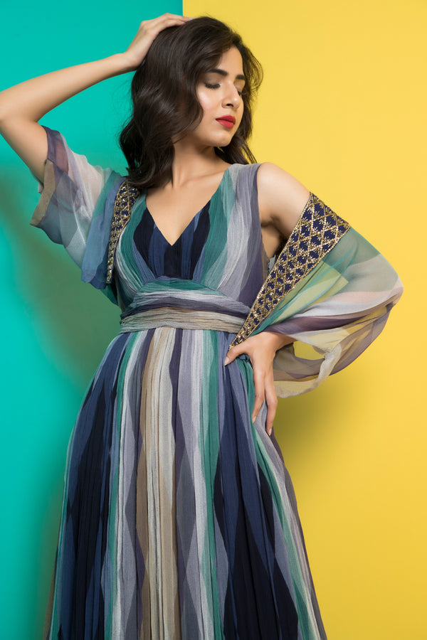 Navy jade Long Dress with Embroidered Cape-Western-Pallavi Jaipur