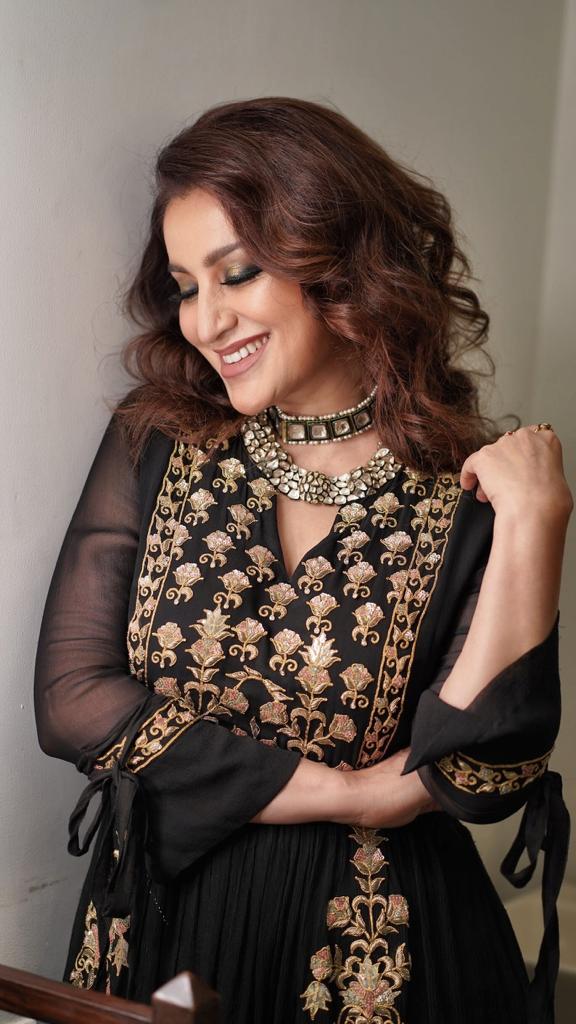 Tisca Chopra in Black Zardosi Layered Long Dress-Indian wear-Pallavi Jaipur