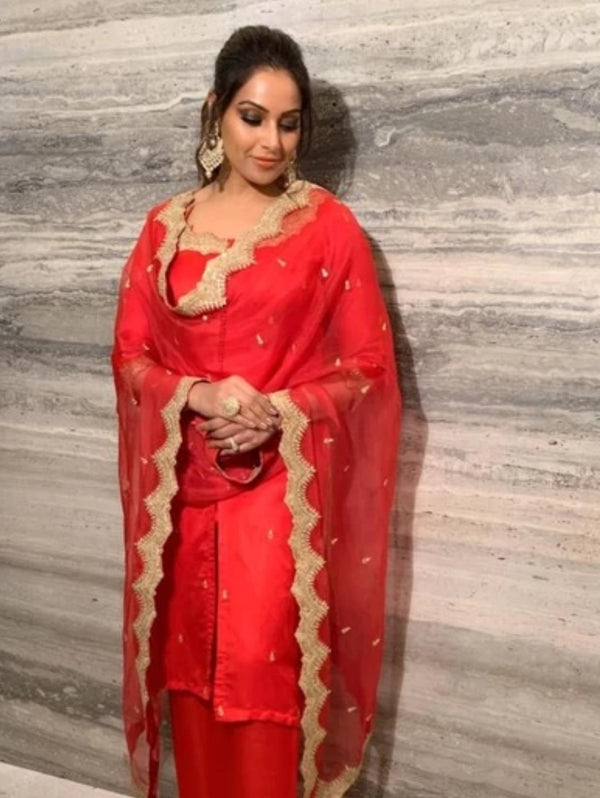 Bipasha Basu in Red Linen Satin Kurta Set-Indian wear-Pallavi Jaipur