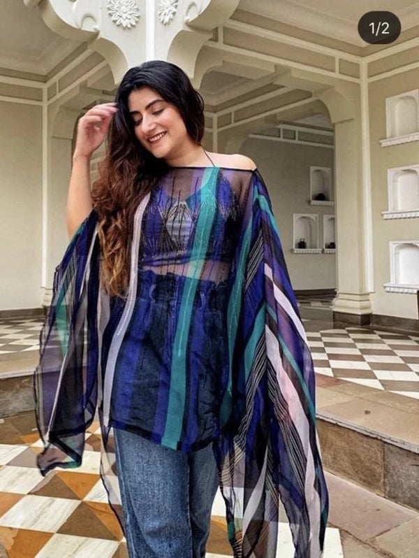 Trishala Sikka in Peacock Blue & Black Printed Cape-Indo Western-Pallavi Jaipur