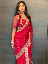 Shilpa Shetty in Red Silk Embroidered Saree-Indian wear-Pallavi Jaipur