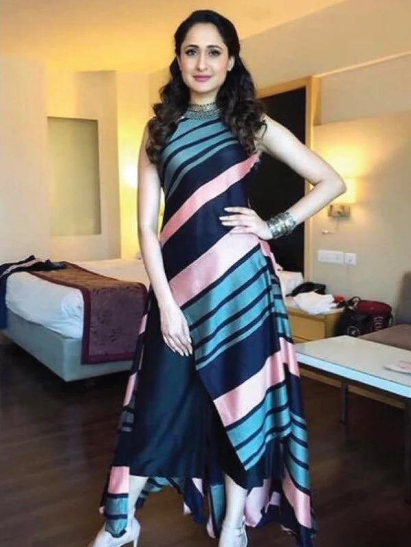 Pragya Jaiswal in Pink and Grey Striped Kurta with Black Culottes-Indo Western-Pallavi Jaipur