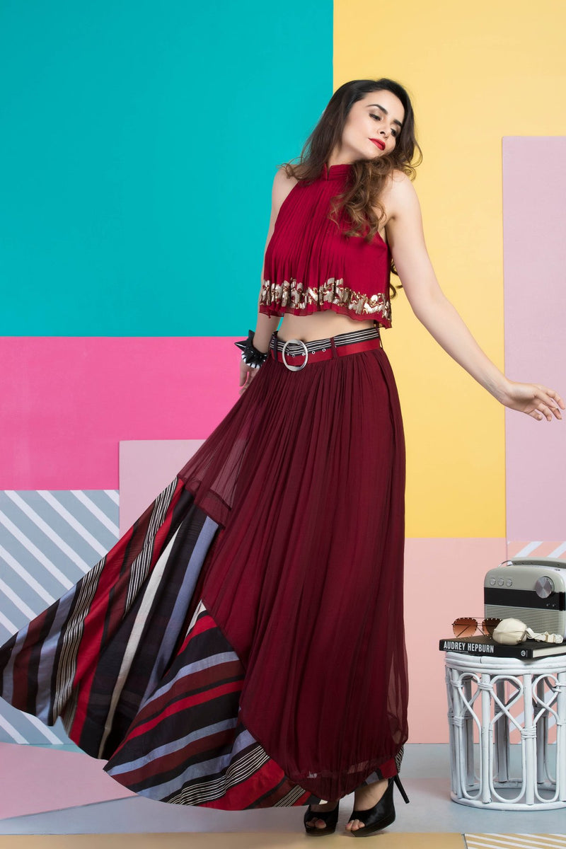 Red Halter Top with Skirt-Indo Western-Pallavi Jaipur